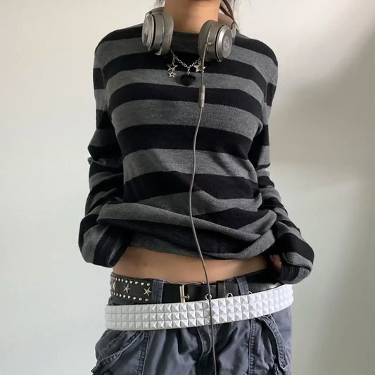 Grey Striped Long Sleeve Tops