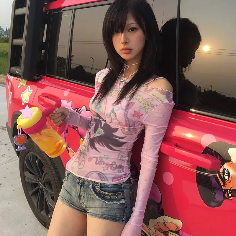 Anime Print Mesh Pink Sheer Top