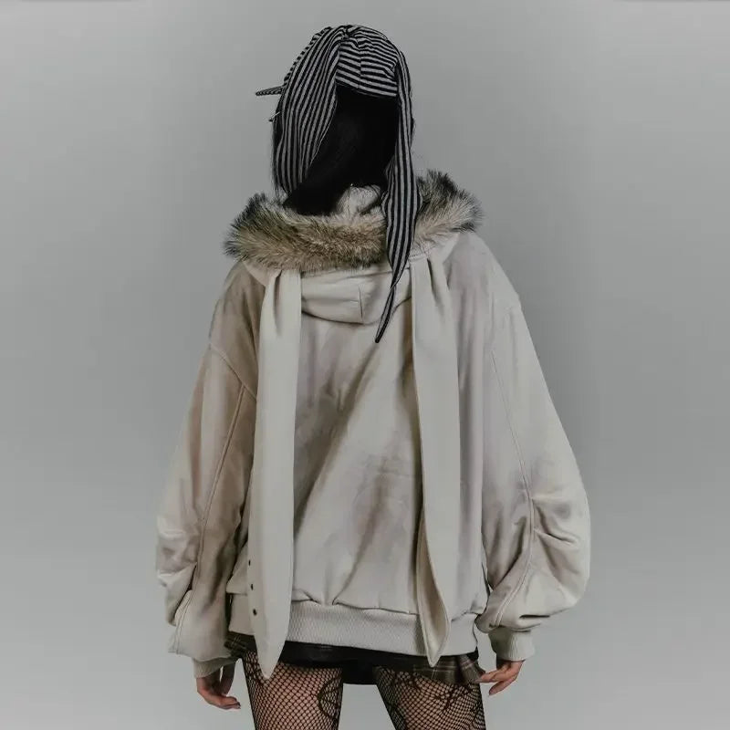 Rabbit Ears Fur Collar Zipper Hoodie