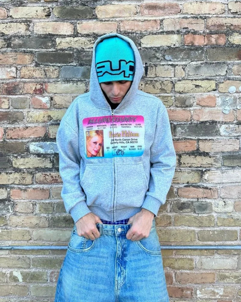 Fake ID Print Zipper Hoodie