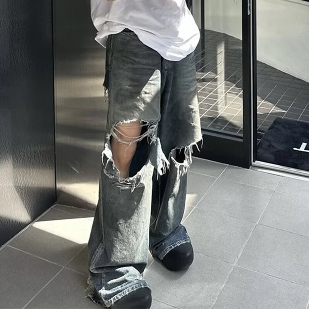 Damaged Hole Baggy Wide Leg Jeans - PWM