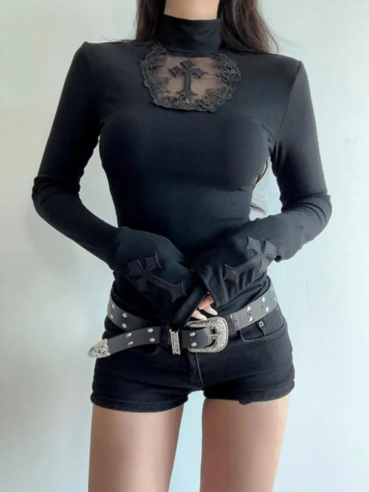 Stretch Black Gothic Cross Tops