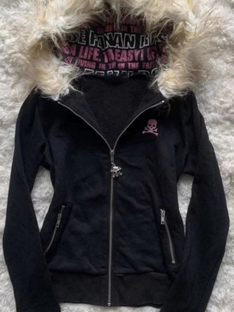 Letter Skull Embroidery Zipper Hoodie