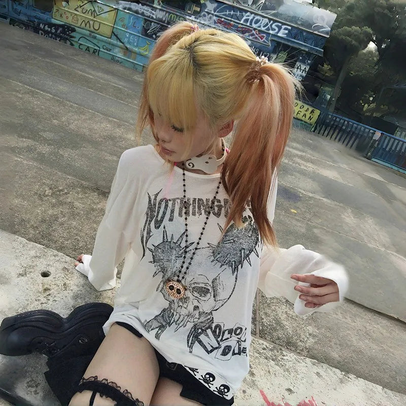 Trashy Skull Print Long Sleeve Tops