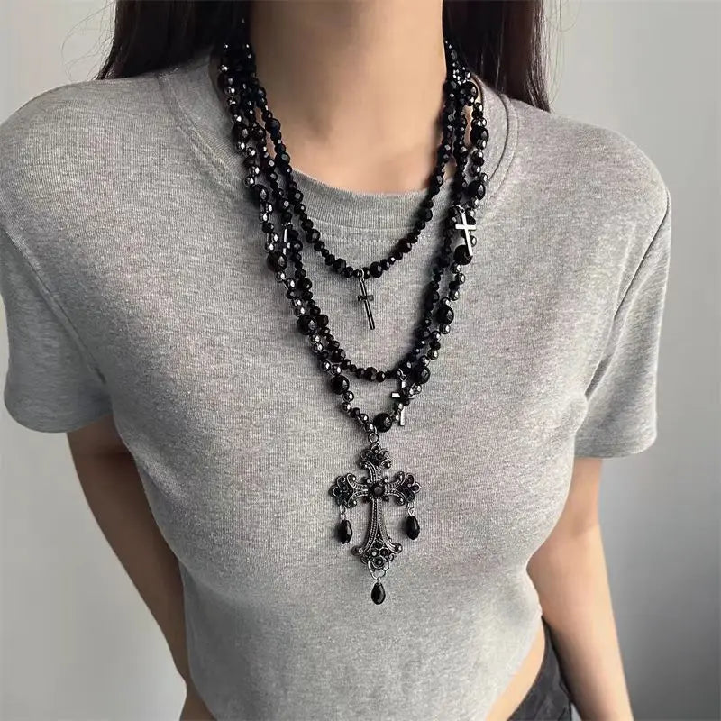 Multi Layer Cross Choker Pendant Necklace