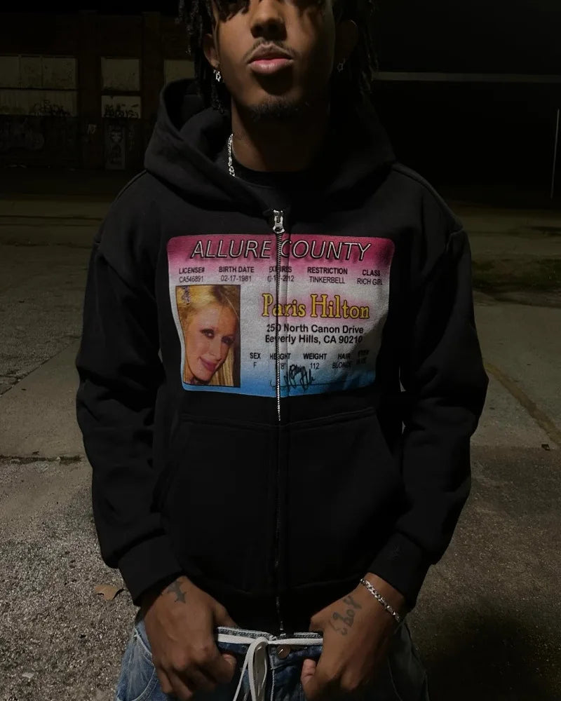 Fake ID Print Zipper Hoodie