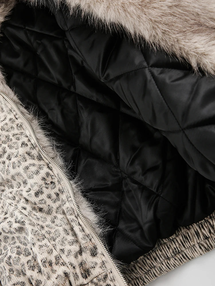 Leopard Print Fur Collar Hooded Jacket - PWM