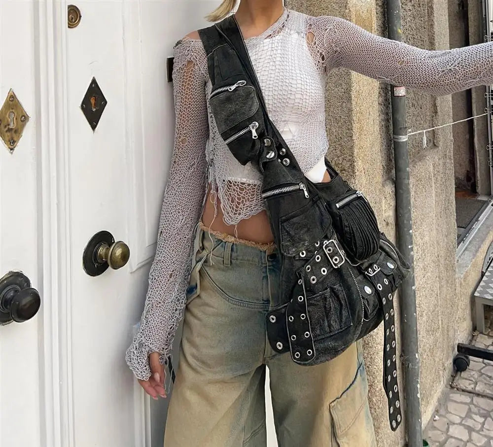 Double Pockets Patchwork Rivet Underarm Bag - PWM