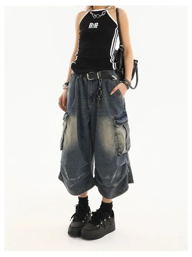 Washed Denim Cargo Shorts