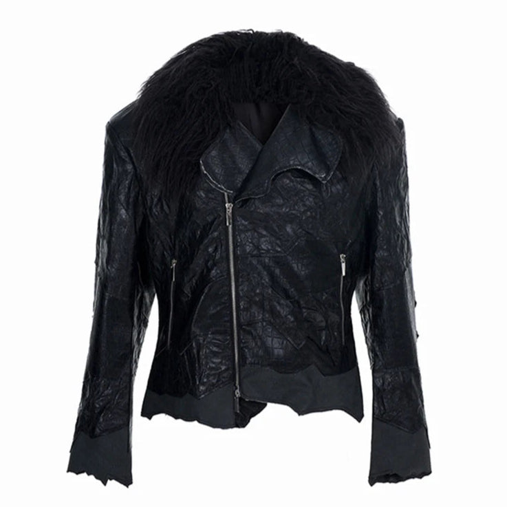 Fur Neck Patchwork Leather Jacket - PWM