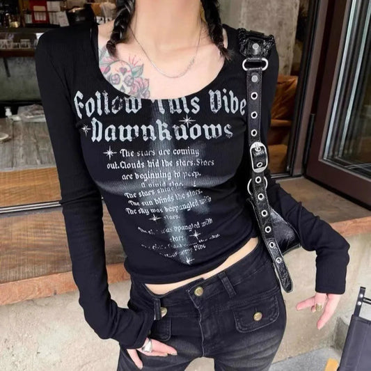 Gothic Letter Print Long Sleeve Tops