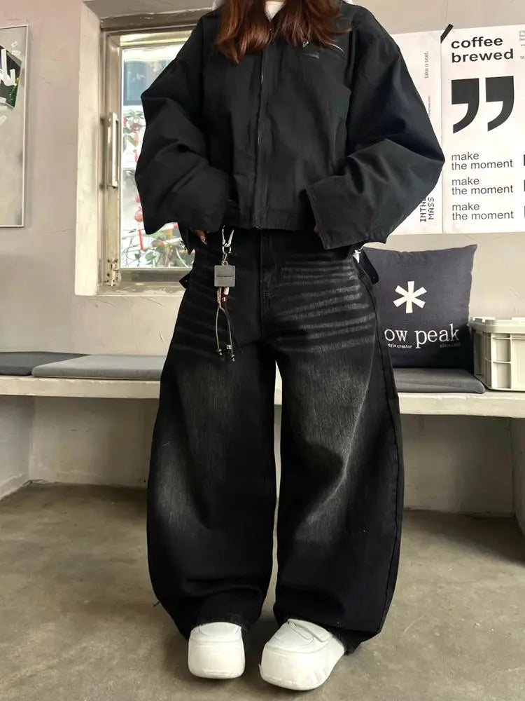 Black Embroidery Washed Baggy Jeans