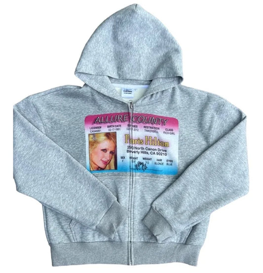Fake ID Print Zipper Hoodie