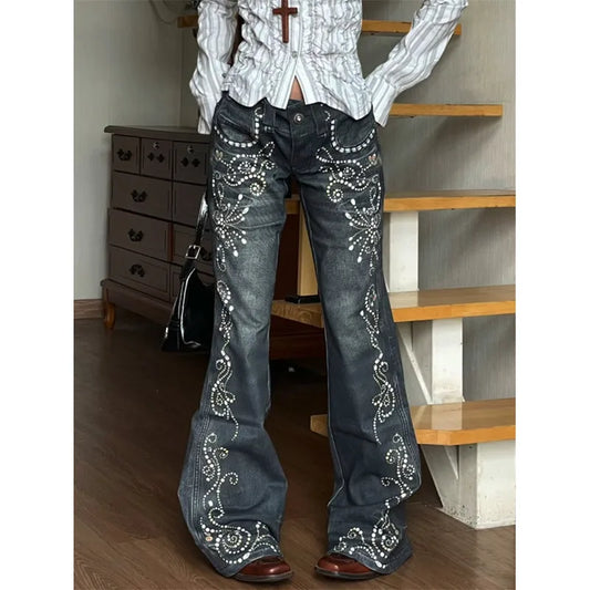 Paisley Studs Pattern Wide Leg Jeans