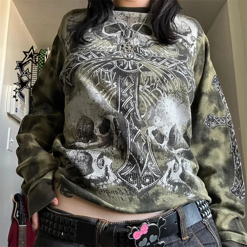 Cross Skull Print Long Sleeve Shirt - PWM