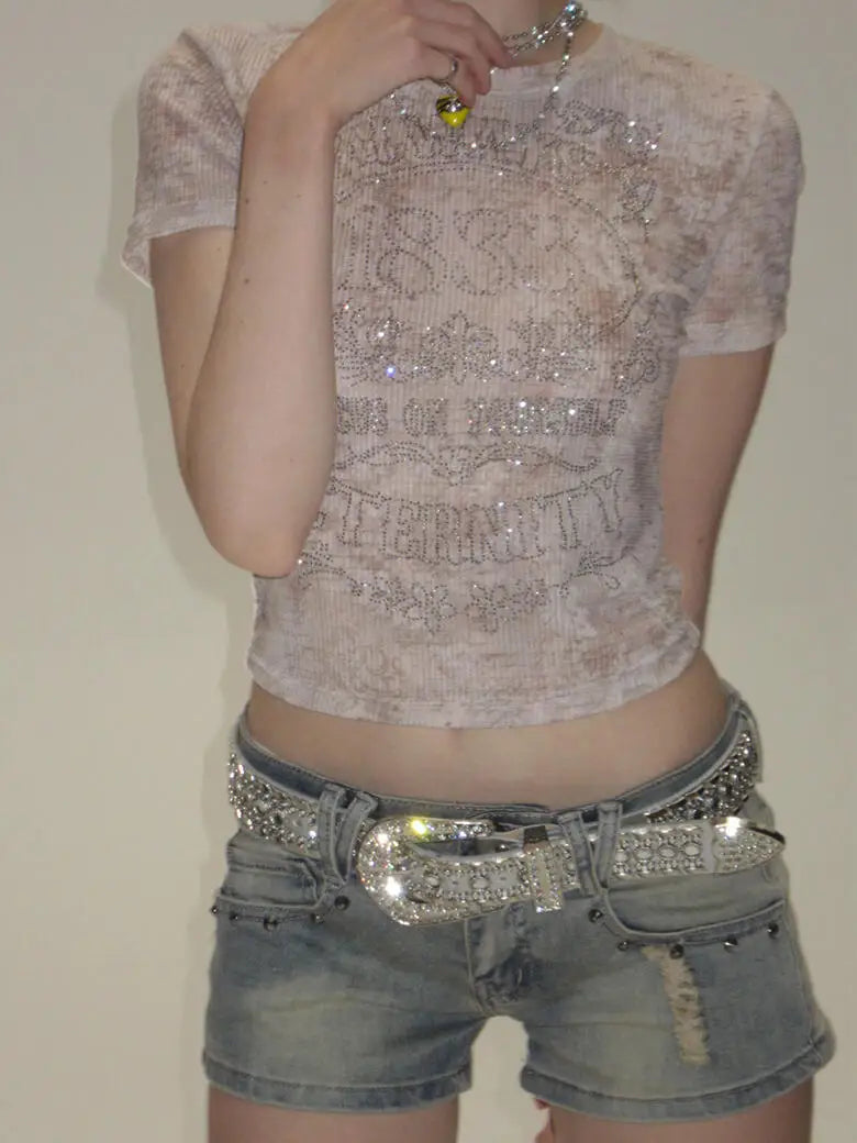 Diamond Flower Mesh Short Sleeve T-shirt - PWM