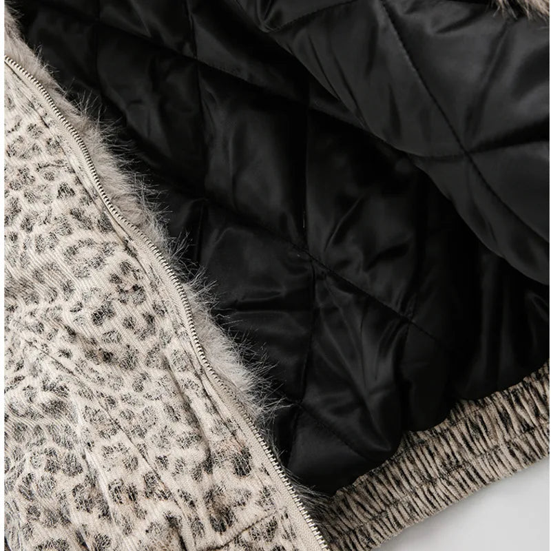 Leopard Print Fur Collar Hooded Jacket - PWM