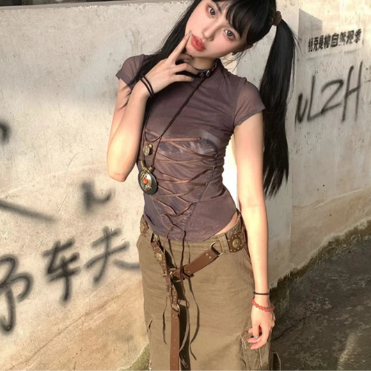 Short Sleeve Lace Up Print Graphic Tops