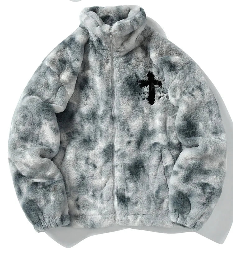 Cross Embroidery Fleece Boa Jacket