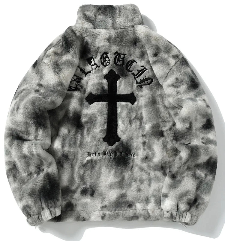 Cross Embroidery Fleece Boa Jacket