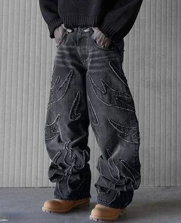 Distressed Embroidery Wide Leg Trousers - PWM