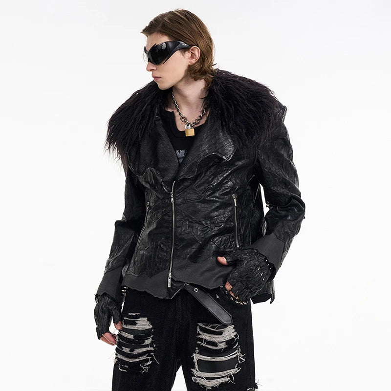 Fur Neck Patchwork Leather Jacket - PWM