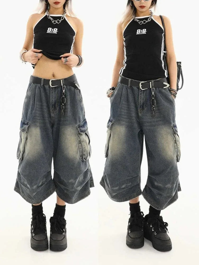 Washed Denim Cargo Shorts