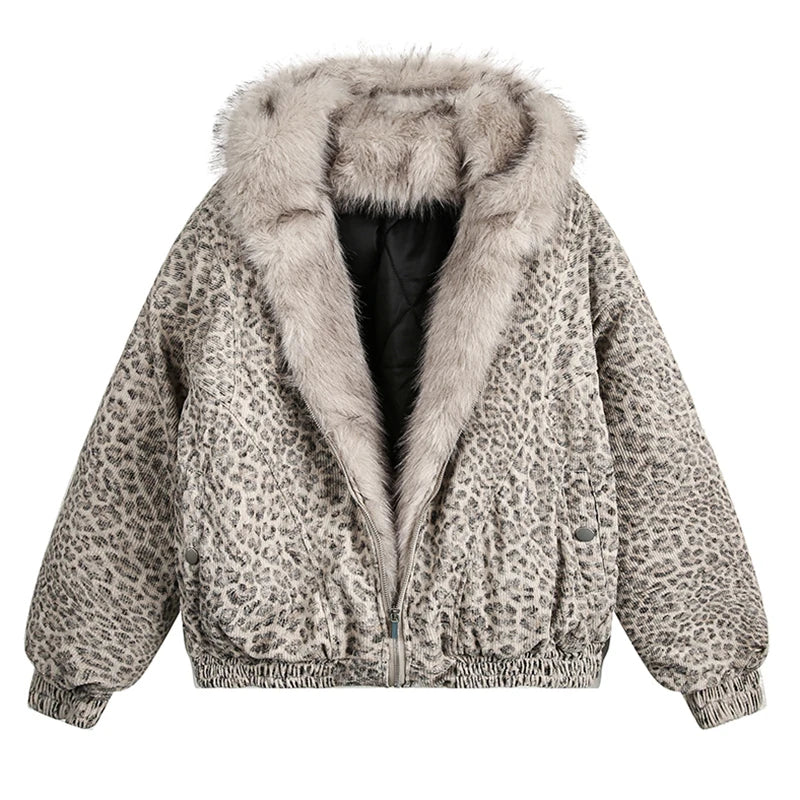 Leopard Print Fur Collar Hooded Jacket - PWM