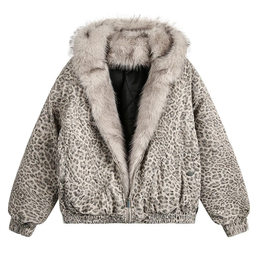 Leopard Print Fur Collar Hooded Jacket - PWM