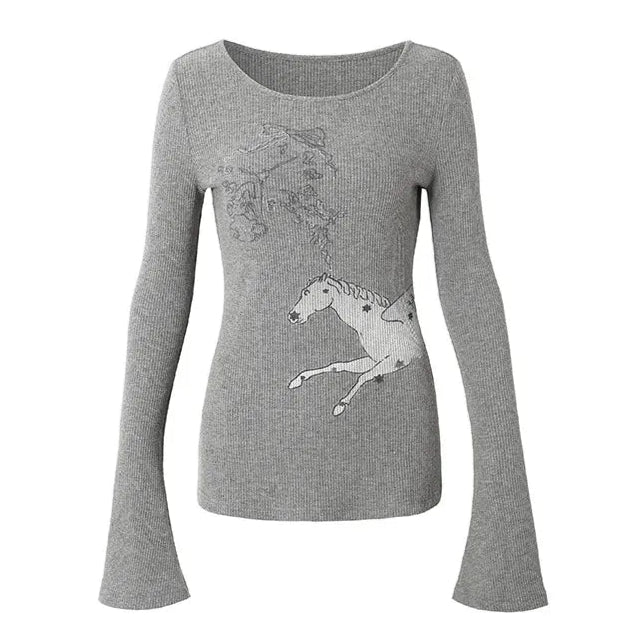 Horse Printed Ribbed Top