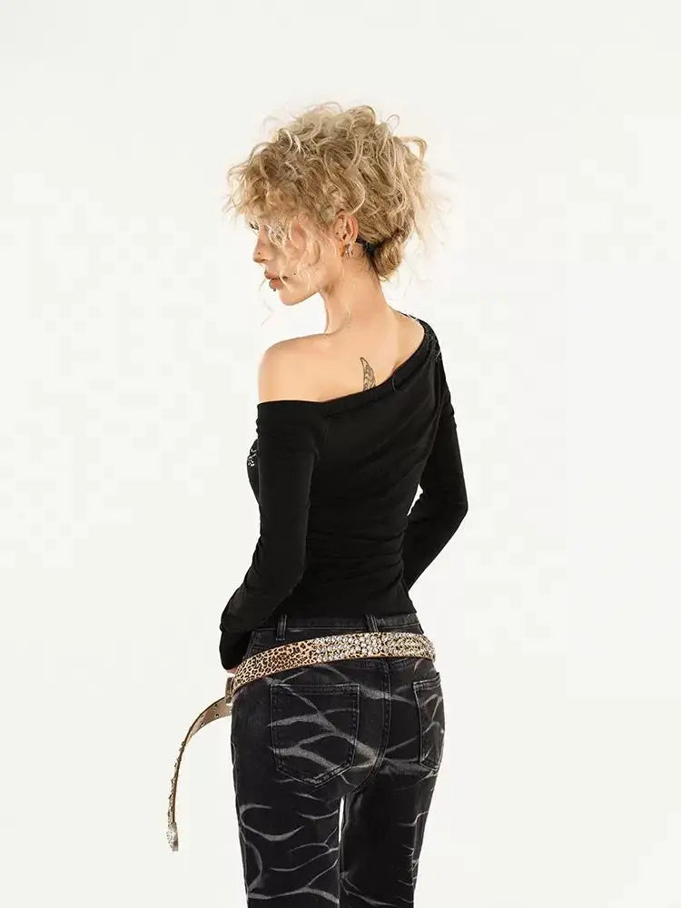 Rhinestone Letter Slim-fit Tops