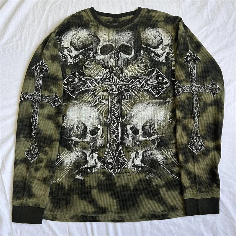 Cross Skull Print Long Sleeve Shirt - PWM