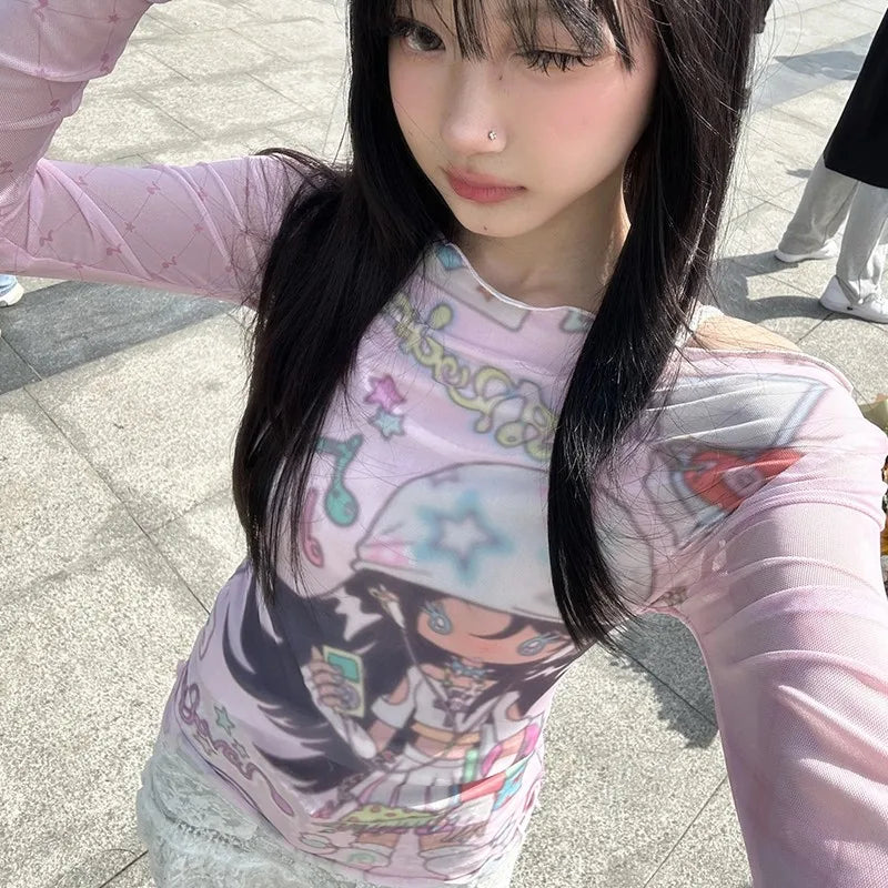 Anime Print Mesh Pink Sheer Top
