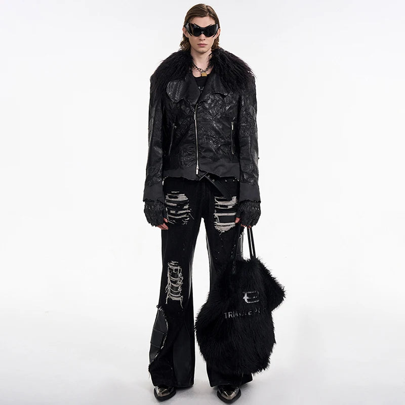 Fur Neck Patchwork Leather Jacket - PWM