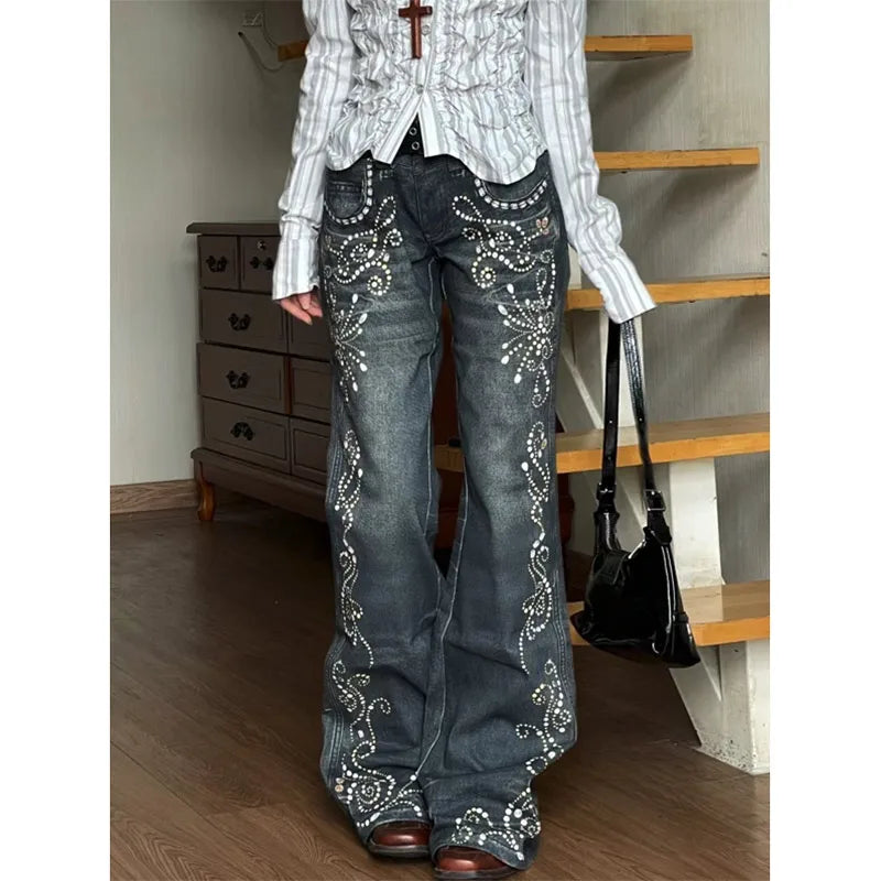 Paisley Studs Pattern Wide Leg Jeans