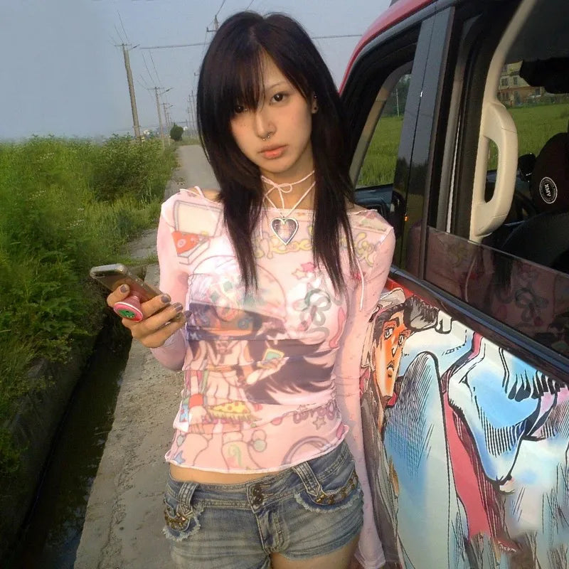 Anime Print Mesh Pink Sheer Top