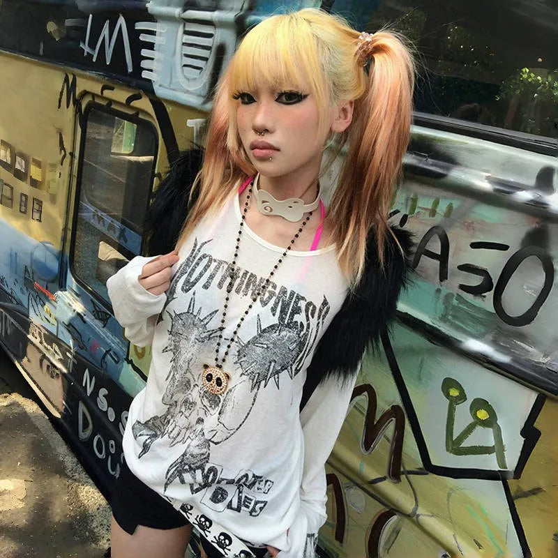 Trashy Skull Print Long Sleeve Tops