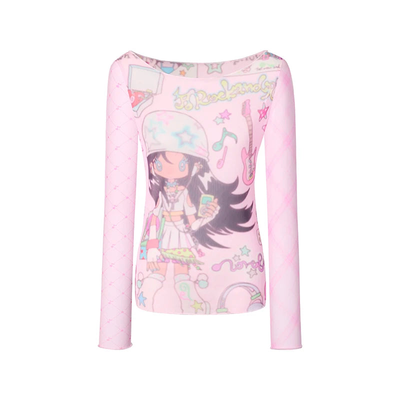 Anime Print Mesh Pink Sheer Top