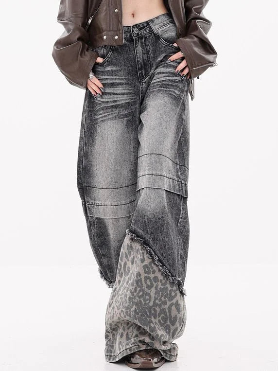 Patchwork Leopard Wide Leg Washed Jeans
