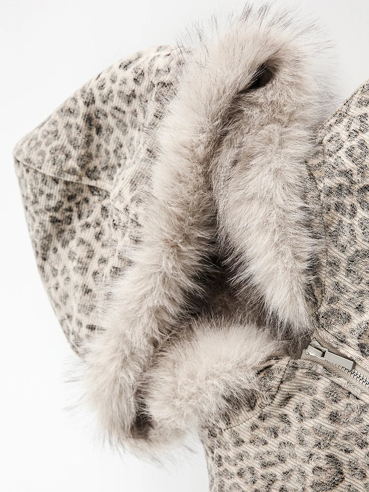 Leopard Print Fur Collar Hooded Jacket - PWM