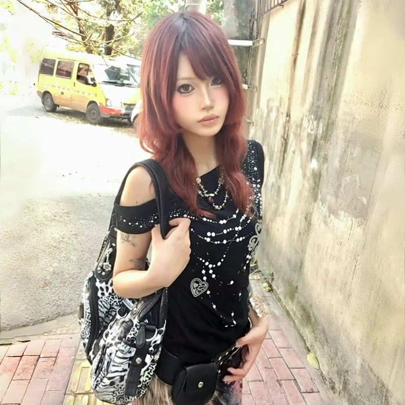 Off Shoulder Rhinestones Print T-shirt
