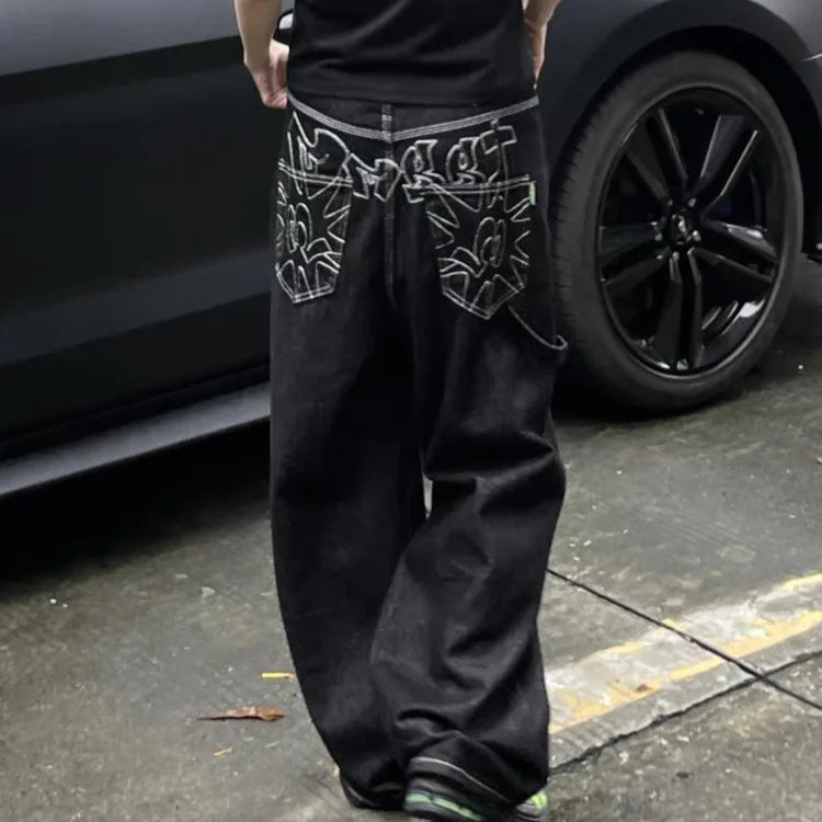 Embroidery Baggy Black Jeans