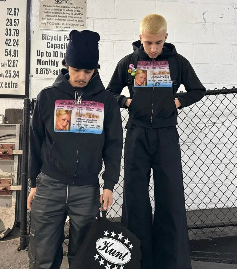 Fake ID Print Zipper Hoodie