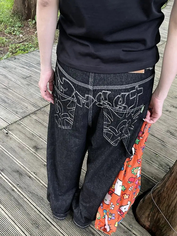 Embroidery Baggy Black Jeans