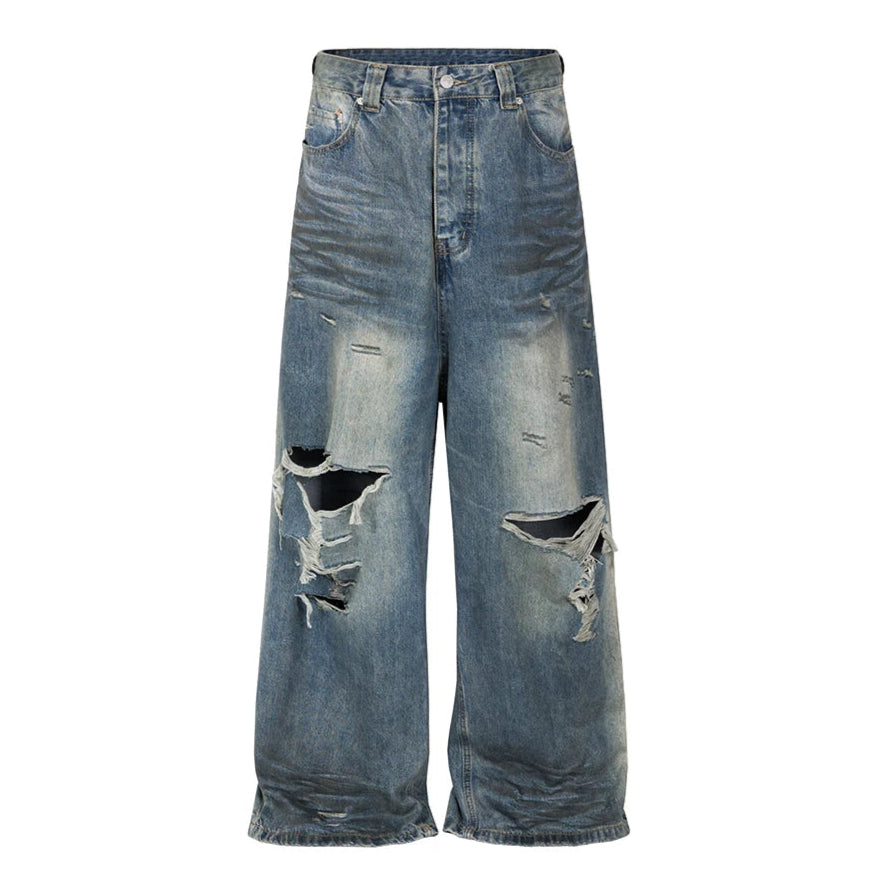 Damaged Hole Baggy Wide Leg Jeans - PWM