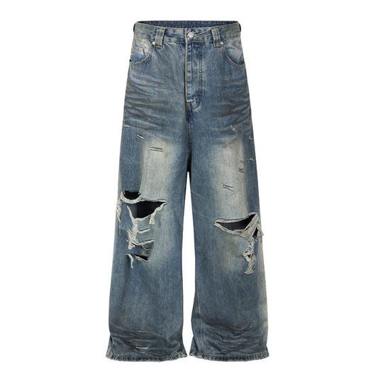Damaged Hole Baggy Wide Leg Jeans - PWM