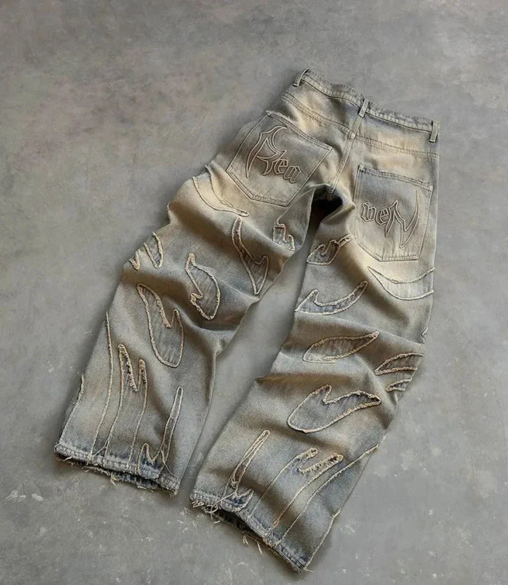 Distressed Embroidery Wide Leg Trousers - PWM