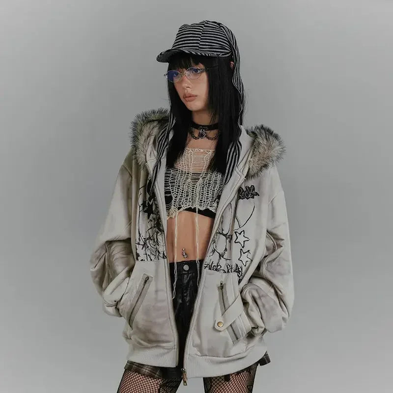 Rabbit Ears Fur Collar Zipper Hoodie
