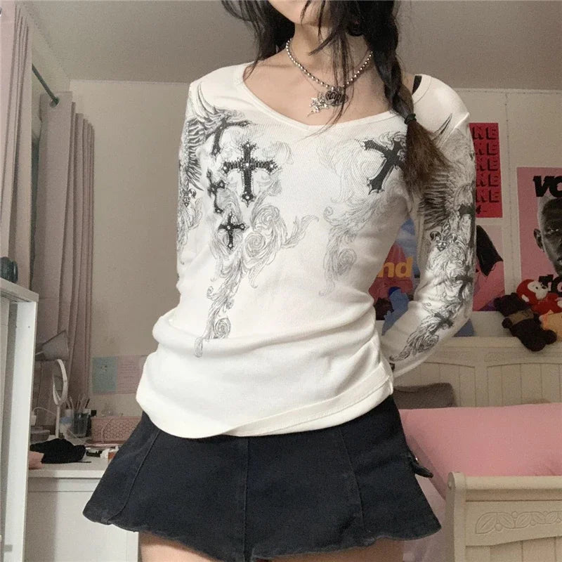 Cross Wings Print Long Sleeve Shirt - PWM