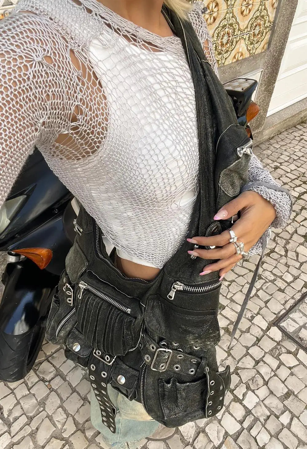 Double Pockets Patchwork Rivet Underarm Bag - PWM